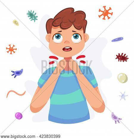Man Having Sore Throat, Flu Symptom, Cartoon Vector Illustration Isolated On White Background. Half 