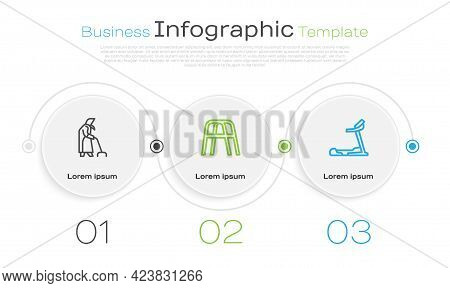 Set Line Grandmother, Walker And Treadmill Machine. Business Infographic Template. Vector