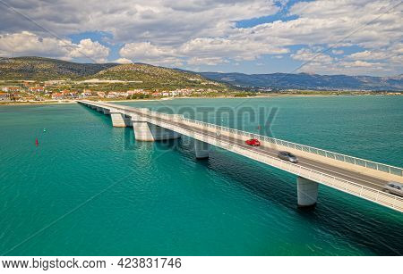 Aerial View Of A Long Bridge Above A Sea, Island Ciovo In Croatia