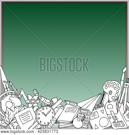 Frame With School Hand Drawn Doodle On Green Background