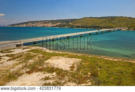 Aerial View Of A Long Bridge Above A Sea, Island Ciovo In Croatia