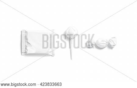 Blank White Candy, Lollypop And Cookies Pack Mockup, 3d Rendering. Empty Foil Wrapper For Sweety Sna