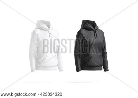 Blank Black And White Women Sport Hoodie Mockup, Side View, 3d Rendering. Empty Smock Woman Tolstovk
