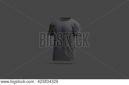 Blank Black Wrinkled T-shirt Mockup, Dark Background, 3d Rendering. Empty Crumpled Basic Tee-shirt M