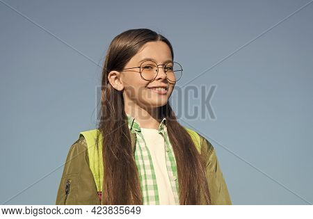 Accessorize And Protect Your Eye Sight. Happy Child Wear Eyeglasses Blue Sky. Eye Sight Development.