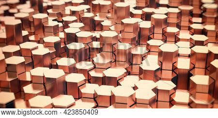 Hexagonal copper rods background. Copper profile manufacturing and production. 3d illustration