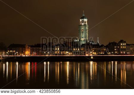 Deventer At Night View From The Other Side Of The Ijssel With The Lebuinuschurch