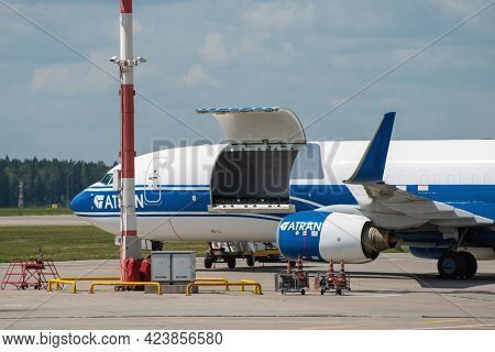 July 2, 2019, Moscow, Russia. An Atran Boeing 737 Cargo Plane On The Airfield Of Vnukovo Airport.