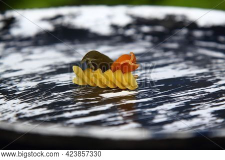 Three Colors Rotini Pasta. Pasta Fusilli Tricolore Background. Abstract Texture Of Colorful Pasta. P