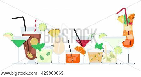 Summer Alcohol Cocktail Set With Copy Space Isolated On White. Horizontal Banner With Ten Fresh Popu