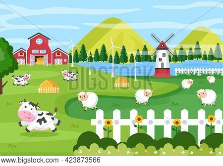 Cute Cartoon Farm Animals Vector Illustration With Cow, Horse, Chicken, Duck, Or Sheep. For Postcard