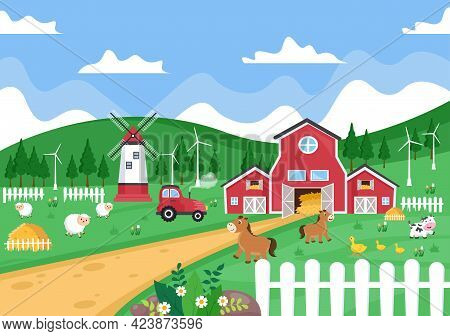 Cute Cartoon Farm Animals Vector Illustration With Cow, Horse, Chicken, Duck, Or Sheep. For Postcard