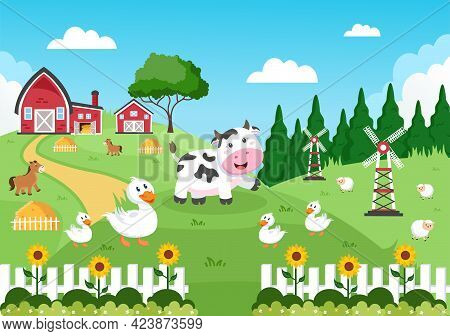 Cute Cartoon Farm Animals Vector Illustration With Cow, Horse, Chicken, Duck, Or Sheep. For Postcard