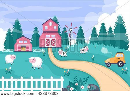 Cute Cartoon Farm Animals Vector Illustration With Cow, Horse, Chicken, Duck, Or Sheep. For Postcard