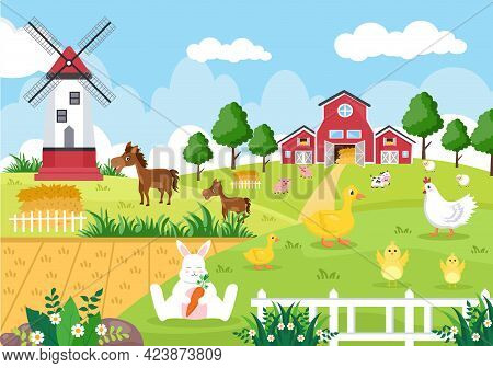Cute Cartoon Farm Animals Vector Illustration With Cow, Horse, Chicken, Duck, Or Sheep. For Postcard