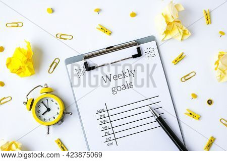 Weekly Goals Planner On White Background. Planning Week To Stay Productive When Working From Home Du