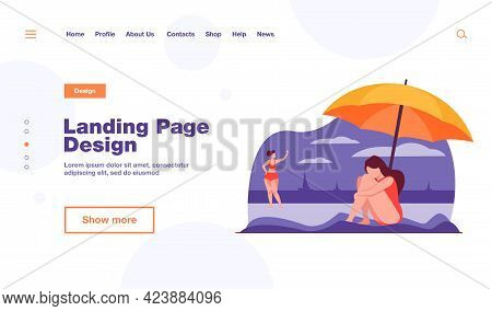 Depressed Woman On Sea Beach. Sad Girl Sitting On Sand Under Umbrella Flat Vector Illustration. Majo