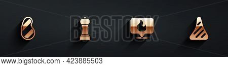 Set Steak Meat, Pepper, Location With Fire Flame And Icon With Long Shadow. Vector