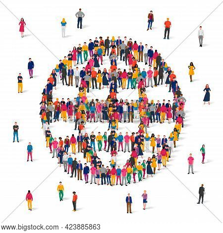 A Large Group Of People In Multicolored Clothes Stands In The Form Of A Planet Or A Globe With Mered