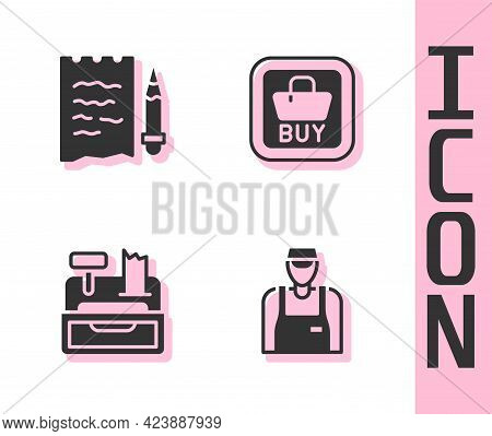 Set Seller, Shopping List And Pencil, Cash Register Machine And Buy Button Icon. Vector