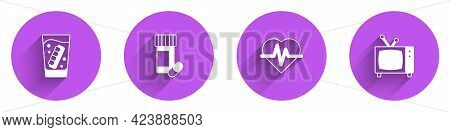 Set False Jaw In Glass, Medicine Bottle And Pills, Heart Rate And Retro Tv Icon With Long Shadow. Ve
