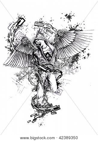 hombre con alas en cadenas, arte urbano - ilustración dibujados a mano