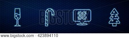 Set Line Snowflake Speech Bubble, Glass Of Champagne, Christmas Candy Cane And Tree. Glowing Neon Ic