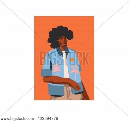 Hand Drawn Vector Flat Abstract Stock Graphic Illustration With Young Happy, In Summer Outfit, Afric