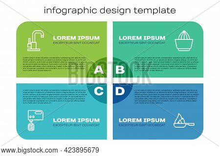 Set Line Electric Mixer, Water Tap, Frying Pan And Citrus Fruit Juicer. Business Infographic Templat