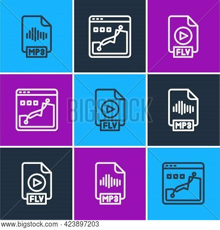 Set Line Mp3 File Document, Flv And Histogram Graph Photography Icon. Vector
