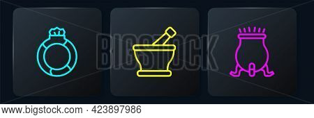 Set Line Magic Stone Ring With Gem, Witch Cauldron And Mortar And Pestle. Black Square Button. Vecto