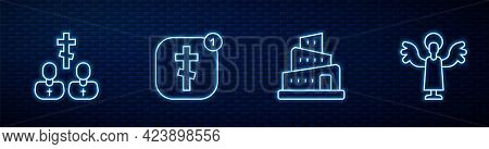 Set Line Babel Tower Bible Story, Priest, Online Church Pastor Preaching And Angel. Glowing Neon Ico