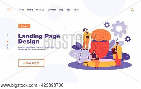 Tiny People Learning Artificial Intelligence Flat Vector Illustration. Cartoon Scientists Standing N