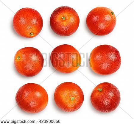 Blood Red Oranges Isolated On White Background With Clipping Path And Full Depth Of Field. Top View.