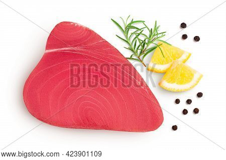 Fresh Tuna Fish Fillet Steak With Rosemary, Lemon And Peppercorns Isolated On White Background With 