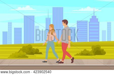 Happy Couple Man And Woman Spend Time Together Outdoor. People Walking In City Park, Summer Or Sprin