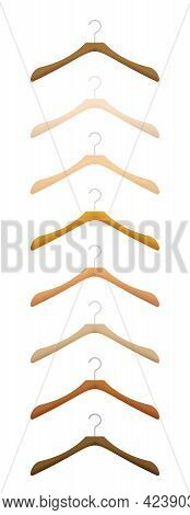 Wooden Hangers For Clothes, Coat Hanger Set, Various Woods And Textures. Isolated Vector Illustratio