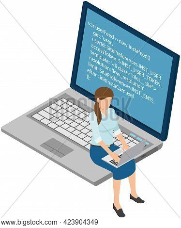 Young Programmer Coding New Project Standing On Big Laptop With Command Line. Woman Looking At Lapto