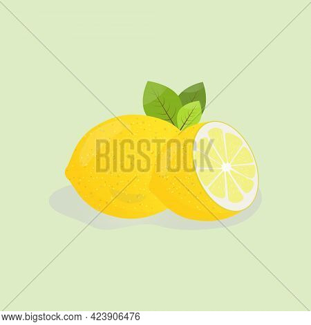 Fresh Yellow Lemon Isolated On Light Green Background, Lemon Icon, Vector Illustration