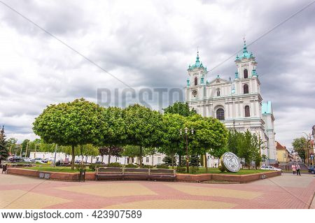 Grodno, Belarus - May 22, 2021: Cathedral Of Saint Francis Xavier In Grodno, Farny Church Facade, Ma