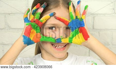 Child Playing Painted Hands, Child Looking In Camera, Smiling School Blonde Girl Face, Homeschooling
