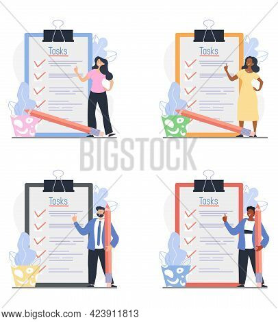Monthly, Daily Planning, Scheduling, Time Management. Set Of Diverse Tiny Male, Female Characters St
