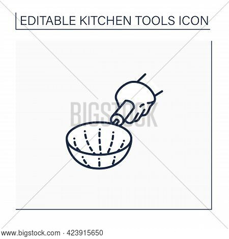 Strainer Line Icon. Basket-shaped Strainer. Kitchen Utensil With A Lot Of Holes. Separate Liquid Fro