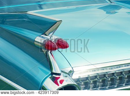 Taillight Of An Old Classic American Car, Wide Angle Shot On A Sunny Summer Day