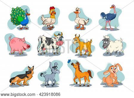 Farm Animals Characters Big Set Of Cartoon Rural Animals