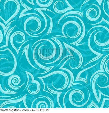 Vector Turquoise Geometric Seamless Pattern Of Flowing Spirals Curls And Corners.vector Nautical Geo