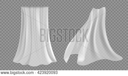 Set Of Isolated Curtain, Tulle On Transparent. White Curtains, Transparent Tulle For A Door Or Windo