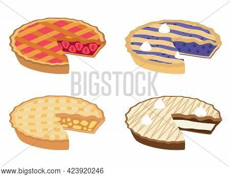 Vector Set Of Pie. Cherry, Bleuberry, Apple And Peach Pie Drawing. Hand Drawn Slice Of Traditional A