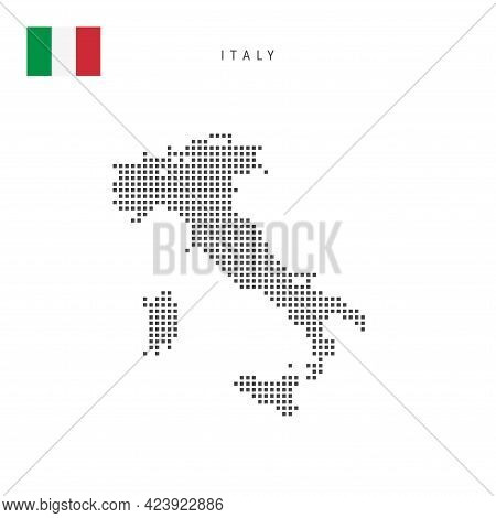 Square Dots Pattern Map Of Italy. Italian Dotted Pixel Map With National Flag Isolated On White Back