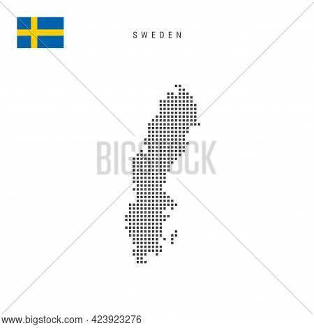 Square Dots Pattern Map Of Sweden. Swedish Dotted Pixel Map With National Flag Isolated On White Bac